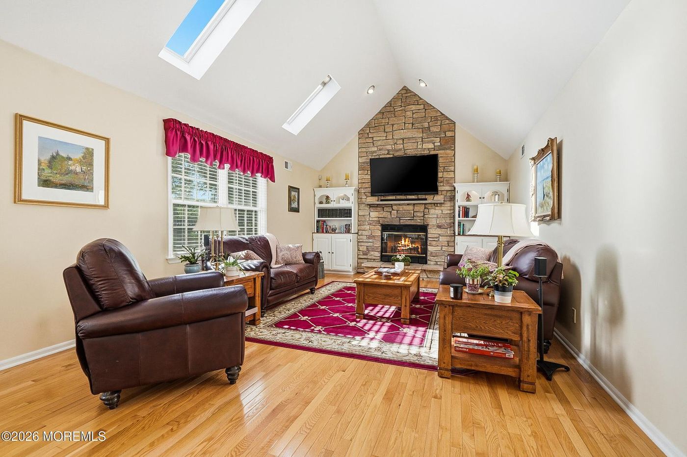 Family room with stone fireplace